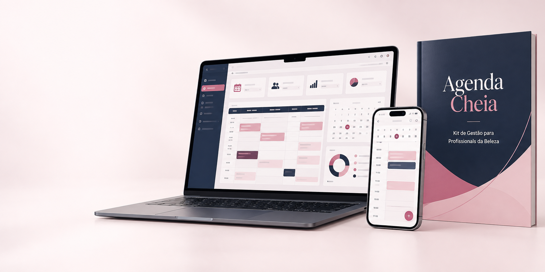 Mockup do kit Agenda Cheia em notebook, celular e guia digital